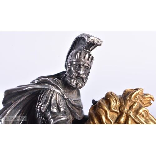 351 - A FINE EARLY 19TH CENTURY SILVERED BRONZE AND ORMOLU FIGURE OF A SOLDIER modelled upon a gilded hors... 