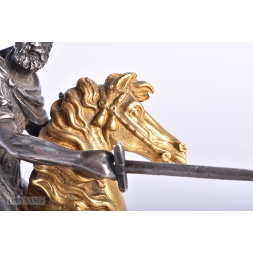 351 - A FINE EARLY 19TH CENTURY SILVERED BRONZE AND ORMOLU FIGURE OF A SOLDIER modelled upon a gilded hors... 