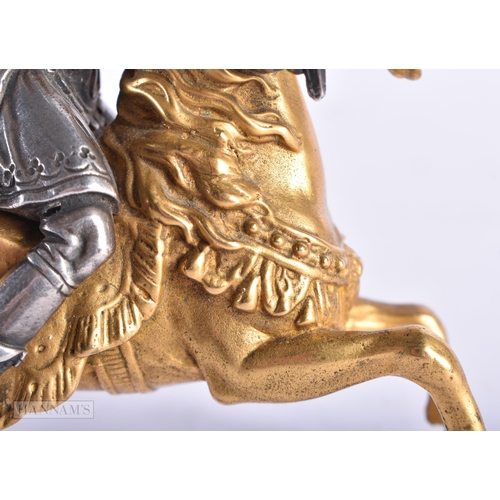 351 - A FINE EARLY 19TH CENTURY SILVERED BRONZE AND ORMOLU FIGURE OF A SOLDIER modelled upon a gilded hors... 