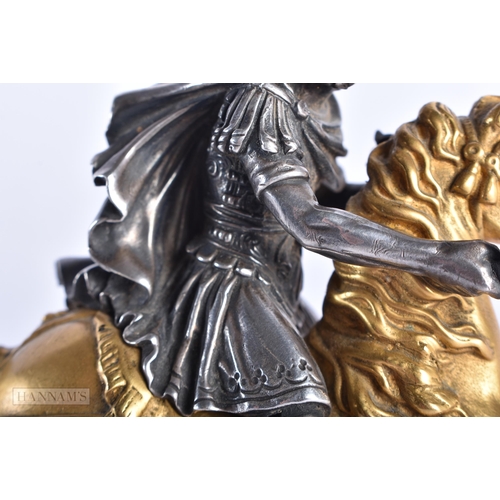 351 - A FINE EARLY 19TH CENTURY SILVERED BRONZE AND ORMOLU FIGURE OF A SOLDIER modelled upon a gilded hors... 