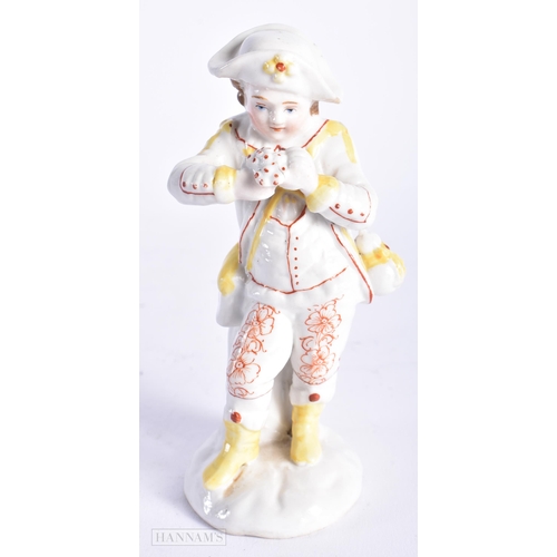 355 - AN ANTIQUE CONTINENTAL PORCELAIN FIGURE OF A BOY. 13 cm high.