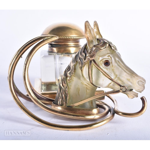 356 - A FINE LATE VICTORIAN/EDWARDIAN EQUESTRIAN BRONZE AND GLASS INKWELL formed with a horses head betwee... 