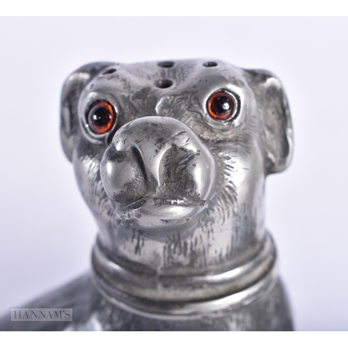 357 - TWO EARLY VICTORIAN NOVELTY PEWTER DESK SANDERS with glass eyes, modelled as a dog and a monkey. Lar... 