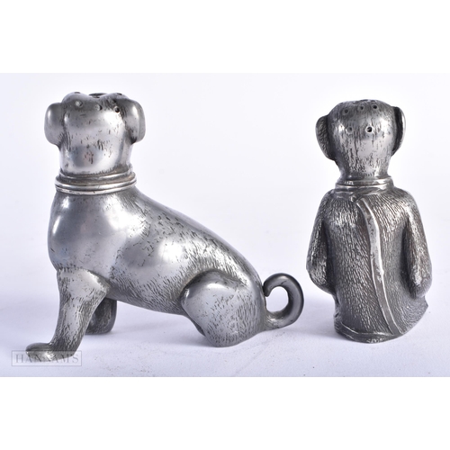 357 - TWO EARLY VICTORIAN NOVELTY PEWTER DESK SANDERS with glass eyes, modelled as a dog and a monkey. Lar... 