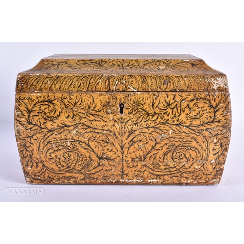 36 - A RARE EARLY VICTORIAN PEN WORK LACQUERED WOOD TEA CADDY finely decorated wall over with foliage and... 