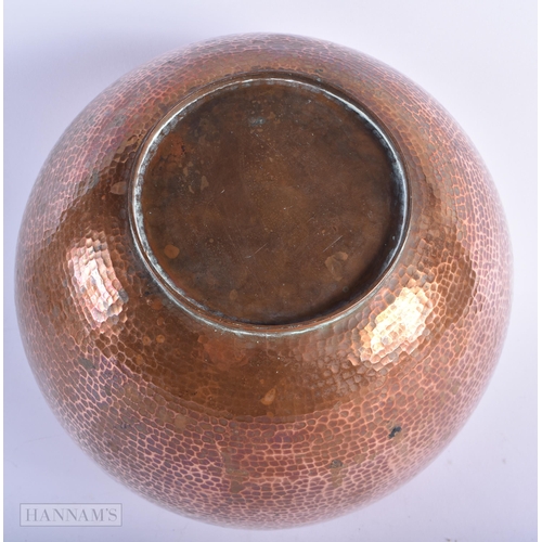 3 - AN ART DECO HAMMERED COPPER GLOBULAR VASE. 22cm x 19 cm.