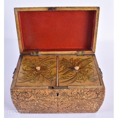 36 - A RARE EARLY VICTORIAN PEN WORK LACQUERED WOOD TEA CADDY finely decorated wall over with foliage and... 