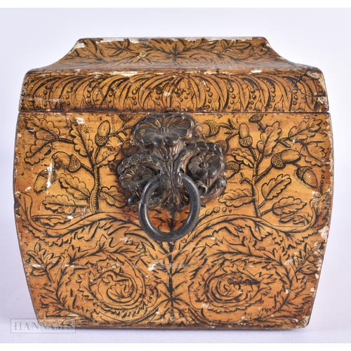 36 - A RARE EARLY VICTORIAN PEN WORK LACQUERED WOOD TEA CADDY finely decorated wall over with foliage and... 