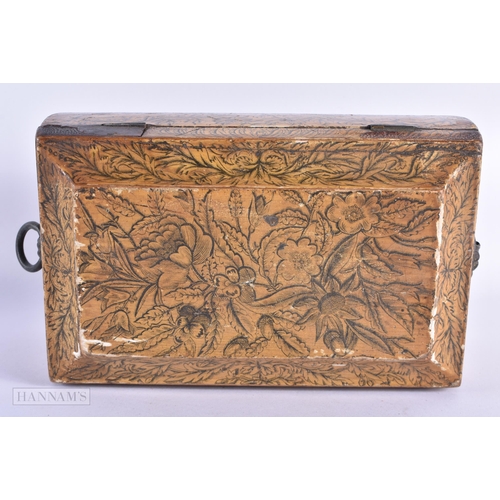 36 - A RARE EARLY VICTORIAN PEN WORK LACQUERED WOOD TEA CADDY finely decorated wall over with foliage and... 