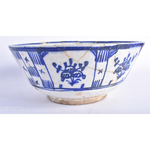 365 - A 17TH/18TH CENTURY PERSIAN ISLAMIC BLUE AND WHITE POTTERY BOWL painted with foliage. 25 cm diameter... 