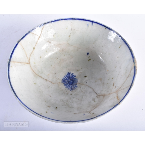 365 - A 17TH/18TH CENTURY PERSIAN ISLAMIC BLUE AND WHITE POTTERY BOWL painted with foliage. 25 cm diameter... 