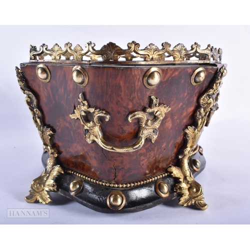 366 - A 19TH CENTURY FRENCH BURR WOOD AND BRONZE PLANTER overlaid with foliage. 32 cm x 22cm.