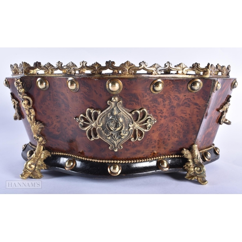 366 - A 19TH CENTURY FRENCH BURR WOOD AND BRONZE PLANTER overlaid with foliage. 32 cm x 22cm.