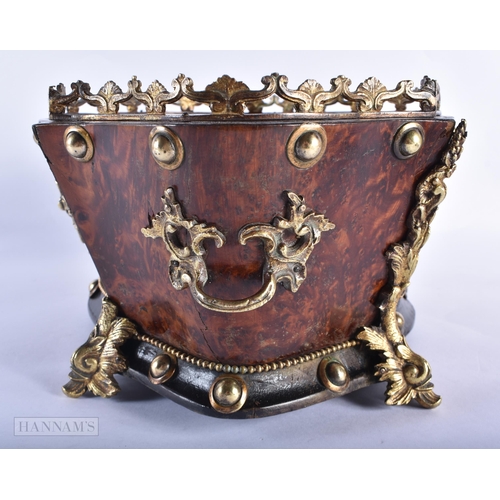 366 - A 19TH CENTURY FRENCH BURR WOOD AND BRONZE PLANTER overlaid with foliage. 32 cm x 22cm.