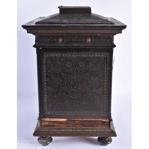 38 - A RARE 19TH CENTURY MIDDLE EASTERN WIRE INLAID CARVED WOOD TABLE CABINET decorated all over with mas... 