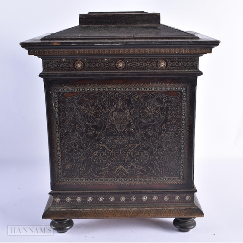 38 - A RARE 19TH CENTURY MIDDLE EASTERN WIRE INLAID CARVED WOOD TABLE CABINET decorated all over with mas... 