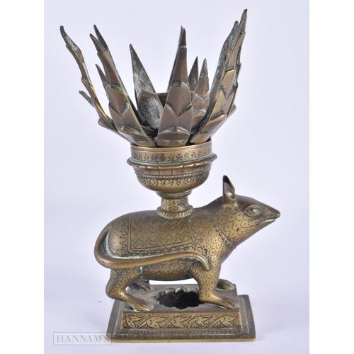 40 - AN UNUSUAL 18TH/19TH CENTURY INDIAN BRONZE LOTUS FORM OIL LAMP formed as a standing animal engraved ... 