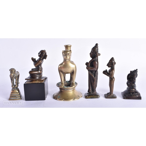 401 - A GROUP OF SIX 18TH/19TH CENTURY INDIAN BRONZE DEITIES. Largest 10 cm high. (6)