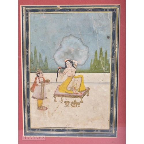 403 - THREE ANTIQUE INDIAN DEITY WATERCOLOURS. 36 cm x 28cm. (3)