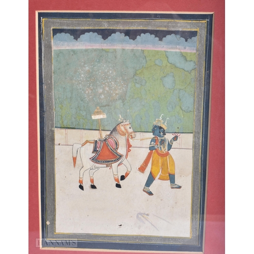 403 - THREE ANTIQUE INDIAN DEITY WATERCOLOURS. 36 cm x 28cm. (3)