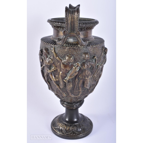 422 - A 19TH CENTURY EUROPEAN GRAND TOUR BRONZE VASE decorated with classical figures. 21 cm high.