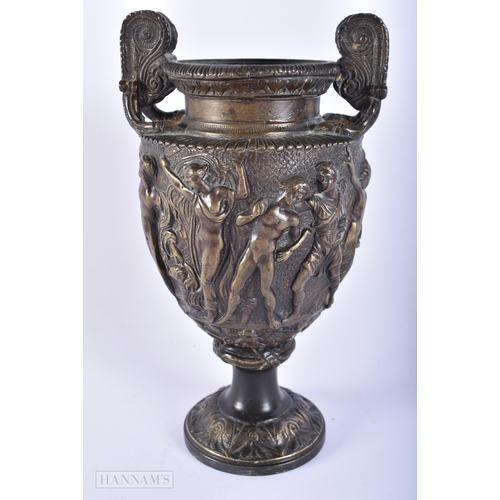 422 - A 19TH CENTURY EUROPEAN GRAND TOUR BRONZE VASE decorated with classical figures. 21 cm high.