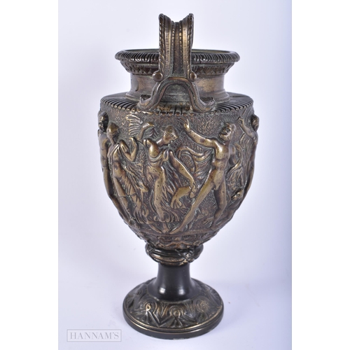 422 - A 19TH CENTURY EUROPEAN GRAND TOUR BRONZE VASE decorated with classical figures. 21 cm high.