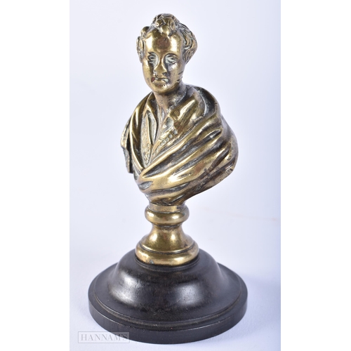 433 - A SMALL 19TH CENTURY CONTINENTAL GRAND TOUR BRONZE BUST. 11cm high.