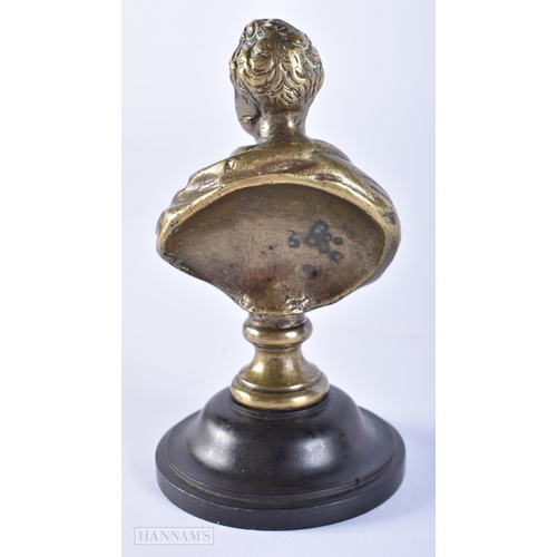 433 - A SMALL 19TH CENTURY CONTINENTAL GRAND TOUR BRONZE BUST. 11cm high.