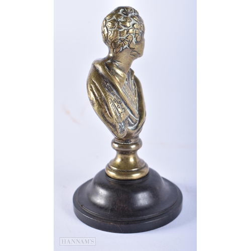 433 - A SMALL 19TH CENTURY CONTINENTAL GRAND TOUR BRONZE BUST. 11cm high.