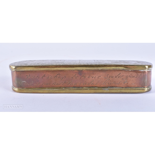 435 - AN 18TH CENTURY DUTCH ENGRAVED BRASS TOBACCO BOX. 14cm wide.