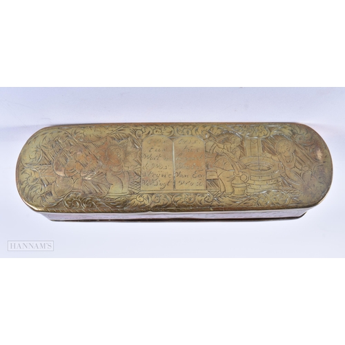 435 - AN 18TH CENTURY DUTCH ENGRAVED BRASS TOBACCO BOX. 14cm wide.