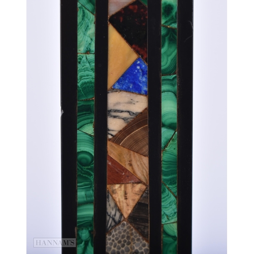 441 - A LARGE 19TH CENTURY DERBYSHIRE MARBLE MALACHITE AND LAPIS INSET OBELISK. 43 cm high.