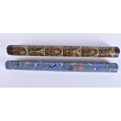 448 - TWO LARGE ISLAMIC MIDDLE EASTERN PERSIAN LACQUERED DOCUMENT HOLDERS. 42cm long. (2)