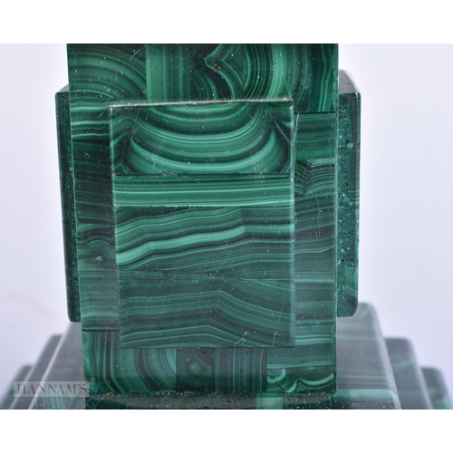 450 - A LOVELY 19TH CENTURY EUROPEAN CARVED MALACHITE COUNTRY HOUSE OBELISK. 52 cm high.