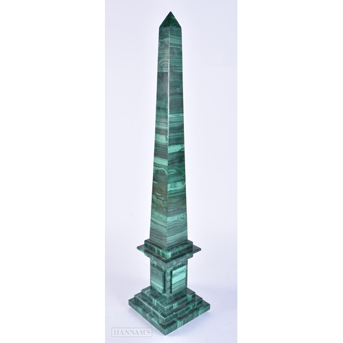 450 - A LOVELY 19TH CENTURY EUROPEAN CARVED MALACHITE COUNTRY HOUSE OBELISK. 52 cm high.