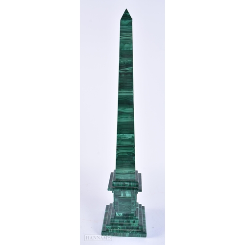 450 - A LOVELY 19TH CENTURY EUROPEAN CARVED MALACHITE COUNTRY HOUSE OBELISK. 52 cm high.