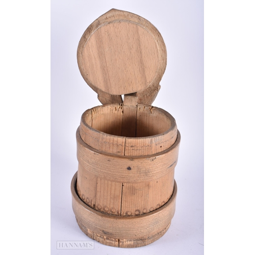 4 - AN ANTIQUE SCANDINAVIAN CARVED WOOD BANDED TANKARD. 16 cm x 14cm.