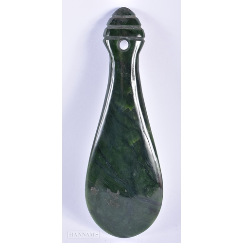 477 - A LARGE NEW ZEALAND MAORI TRIBAL CARVED NEPHRITE JADE MERE. 28cm x 9 cm.