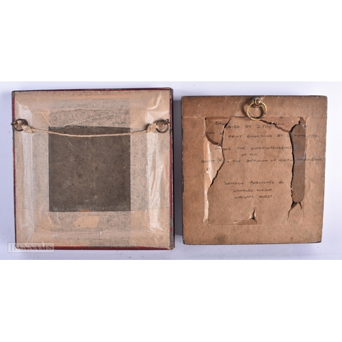 487 - AN ANTIQUE CARVED STONE PORTRAIT MINIATURE together with two engravings. Largest 15cm square. (3)