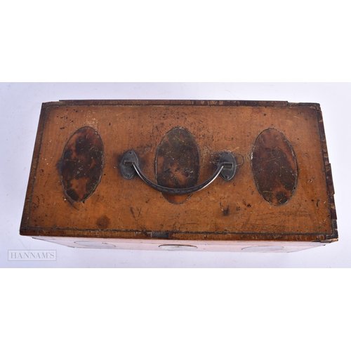 493 - AN EARLY 19TH CENTURY TORTOISESHELL INSET CARVED WOOD TEA CADDY together with a Victorian work box. ... 