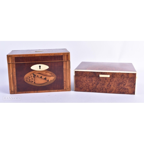 50 - A GEORGE III MAHOGANY TEA CADDY together with an art deco burr walnut humidor. Largest 18cm wide. (2... 