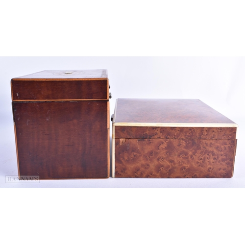 50 - A GEORGE III MAHOGANY TEA CADDY together with an art deco burr walnut humidor. Largest 18cm wide. (2... 