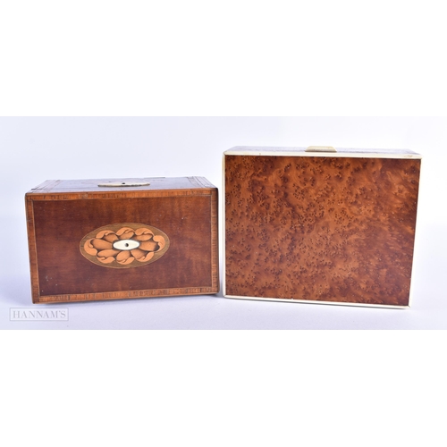 50 - A GEORGE III MAHOGANY TEA CADDY together with an art deco burr walnut humidor. Largest 18cm wide. (2... 