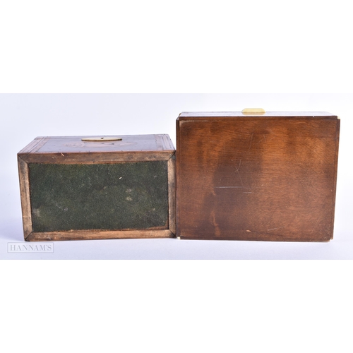 50 - A GEORGE III MAHOGANY TEA CADDY together with an art deco burr walnut humidor. Largest 18cm wide. (2... 