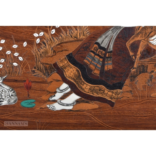 501 - A LARGE EARLY 20TH CENTURY INDIAN CARVED WOOD TRAY inlaid with a female feeding ducks. 60cm x 30 cm.