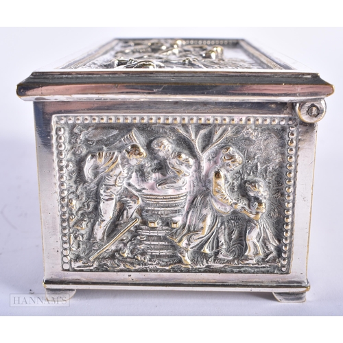 502 - AN ANTIQUE SILVER PLATED REPOUSSE CASKET together with a rosewood box. Largest 23 cm wide. (2)