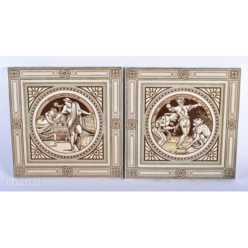 508 - A PAIR OF ANTIQUE ENGLISH POTTERY TILES together with an oil painting and a black lacquer box. Large... 