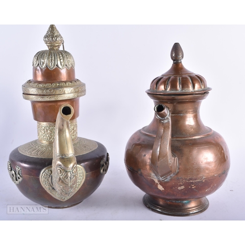 516 - TWO MIDDLE EASTERN COPPER ALLOY EWERS together with a Georgian box and another. (4)