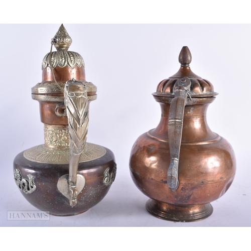 516 - TWO MIDDLE EASTERN COPPER ALLOY EWERS together with a Georgian box and another. (4)